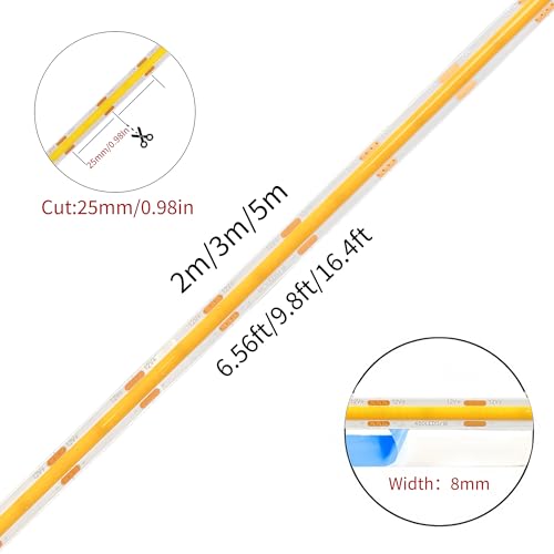 Image of 12VCOB LED Strip Lights with 5521DC Male and Female Connectors,8mm Width,6.56FT /2M,480LEDs /M,Cool White 6500K Bright Lights,Not Waterproof IP20,for DIY Home Indoor Decoration