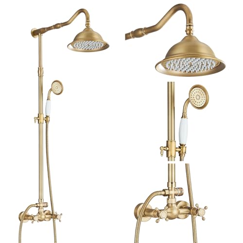 Columna de ducha, retro, de baño, de latón antiguo, conjunto con grifo mezclador, alcachofa fija, con efecto de lluvia