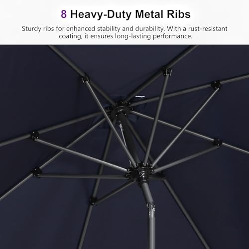 Image of PURPLE LEAF Patio Market Umbrella 9' Round Tilt Navy Blue 8 Ribs Outdoor