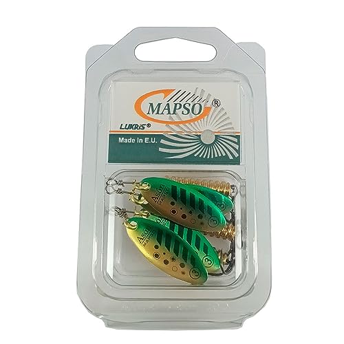 MAPSO - Blister 4 Cucharillas de Pesca ASÓN-3 Oro Rayas Negras Verdes con Anzuelo Simple sin Muerte 8 GMS.