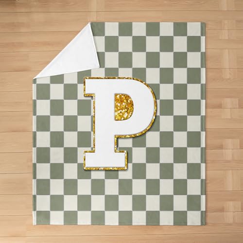 Image of Erosebridal Sage Green Checkered Fuzzy Plush Throw Plaid Initial P Fleece Blanket Personalized Monogram Flannel Blanket for Kids Boys Girls,Fashion Grids Gingham Decor for Bed Couch 40 inchx50 inch