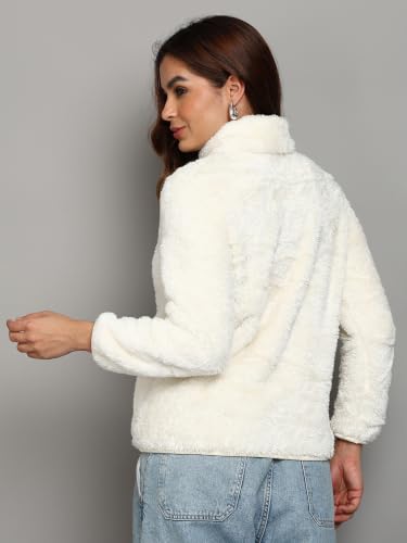 Image of Alan Jones Clothing Women's Fluffy Yarn Fleece Full-Zip Jacket | Soft Lightweight Warm Outerwear with Stand Collar & Piping at Hem & Cuffs