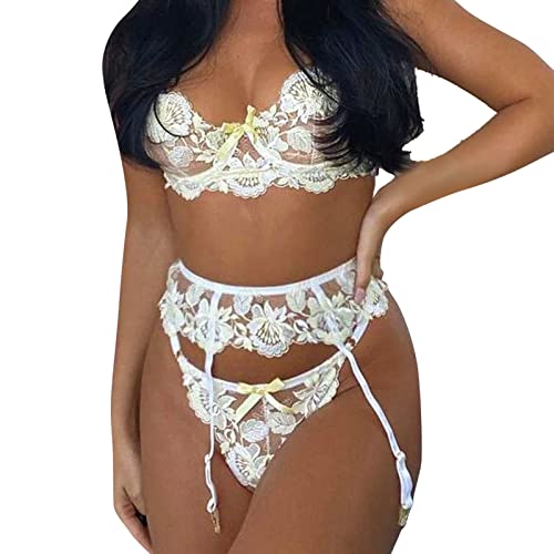 Women Fashionable Sexy Lace Flower Embroidery Sexy Lingeriet Tight Sexy Underwear lingerie for women sexy (Yellow, M)