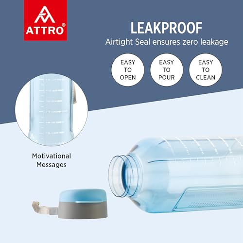 Image of ATTRO Ultra Pro Motivational 1.5-Liter BPA-Free Water Bottle with Leak-Proof Flip-Top Cap, Nylon Strap and Stylish Color for Daily Hydration- Blue-Set Of 6