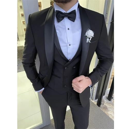 Men Single Breasted Solid Color Wedding Groom 3-Piece Business Casual Suit Black4