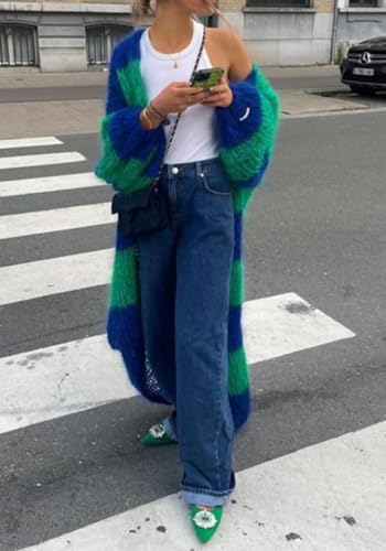 LETSVDO Women's Color Block Long Cardigan Open Front Oversized Striped Knit Slouchy Duster Chunky Sweater Coat4