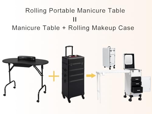 Image of Portable Manicure Table with 3 Drawers, Rolling Foldable Nail Desk with Detachable Mirror, Professional Makeup Train Case with Wheels and TSA Lock for Nail Techs & Salon Use