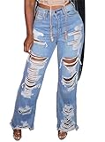 Lucuna Women's Ripped Jeans High Waisted Boyfriend Trendy Straight Wide Leg Distressed Denim Pants