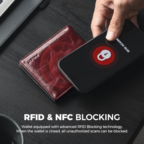 VULKIT Bifold Wallet Genuine Leather For Men Slim Minimalist Front Pocket RFID Blocking Card Wallet Wine4