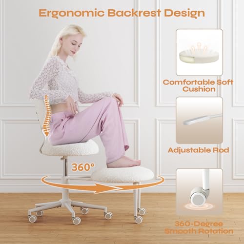 Image of Pinmoco Ergonomic Cross Legged Office Chair with Wheels, ADHD Chair for Adults, Meditation Chair, Yoga Office Chair, Comfortable Back Support, Height Adjustable,Small Spaces, Teddy Fabric, White