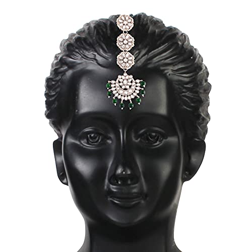 Image of I Jewels 18K Rhodium Plated with Stunning Matte Finish Traditional Kundan & Faux Pearl Chandbali Earrings with Maang Tikka Set (TE2911Z) For Women