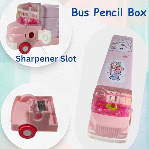 Image of ZAFCO Metal Bus Pencil Box for Boys | Gel Toy with Moving Wheels Compass for Kids | Pen Box for Students | Geometry for School | Birthday Return Gift 1 Unit (Pink-Truck)