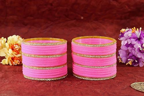 Image of NMII Fancy Glass Golden Zircon Diamond Stone & Velvet Finish Plain Bangles Set For Women & Girls | Glass Velvet Bangles | Kanch ki Chudiyan | Girl's Bangles Bracelet | Fashion Jewellery- Set of 32