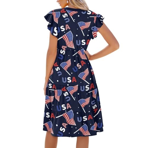 Image of Women's Casual Ruffle Sleeve Dress V Neck Pullover Dress Flowy A-Line Pleated Lightweight Dress with Pockets