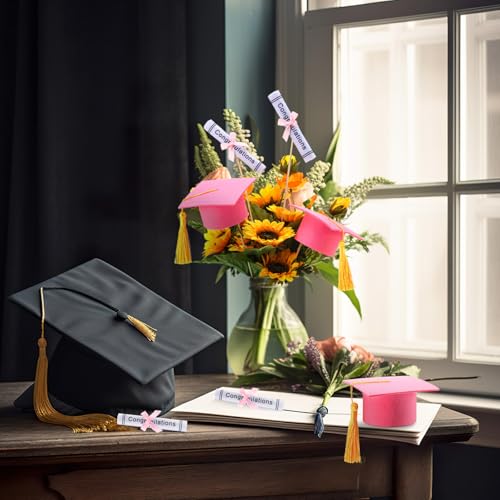 Image of Breling 12 Pcs Pink and Gold Graduation Centerpiece Sticks Felt Graduation Scroll Diploma and Grad Cap with Tassel Decor 2026 Table Toppers Centerpiece Party Supplies for Grad Party Decorations