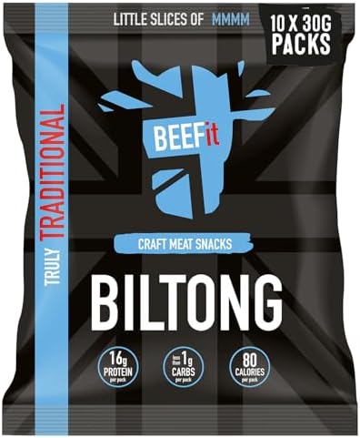 BEEFit Biltong Beef Jerky - Healthy High Protein Snacks, Gluten Free and Keto Friendly Snack - Perfect for On-the-Go or Fitness Enthusiasts, 30g (Pack of 10)