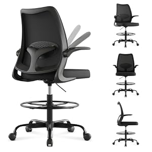 Tall Drafting Chair Ergonomic Home Office Desks Chairs Standing Desk Chair with Flip-up Armrests Adjustable Height Breathable Mesh Office Chair with Lumbar Support and Adjustable Footrest Ring Black