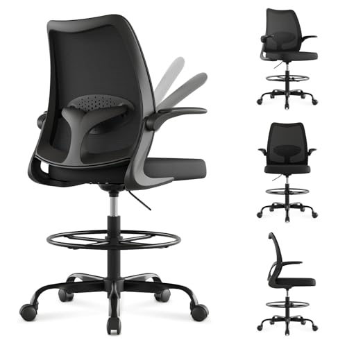 Tall Drafting Chair Ergonomic Home Office Desks Chairs Standing Desk Chair with Flip-up Armrests Adjustable Height Breathable Mesh Office Chair with Lumbar Support and Adjustable Footrest Ring Black