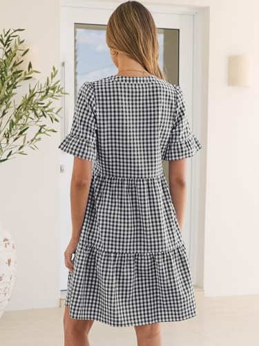 Image of Caracilia Dresses for Women Summer 2026 Striped V Neck Ruffle Sleeve A Line Tiered Flowy Casual Mini Beach Dress with Pockets