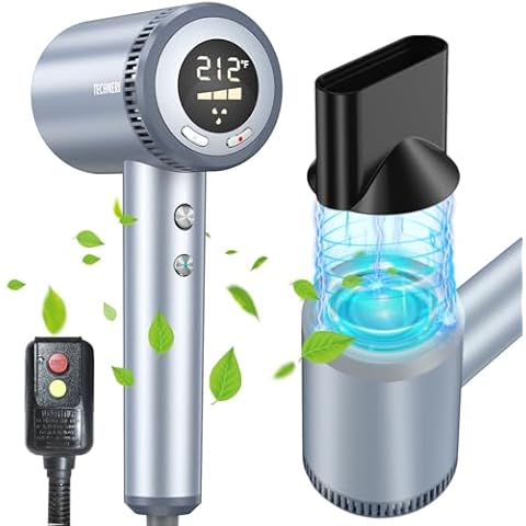 Hair Dryer - TECHMERI Ionic Blow Dryer, 38m/s Airflow 110000 RPM Brushless Motor for Fast Drying, Professional Blower Hair Dryer with LED Display, Hairdryer with Nozzle, Portable Blow Dryer for Travel Cover