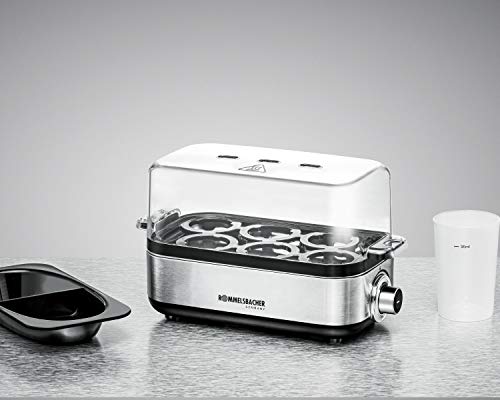 ROMMELSBACHER Eierkocher ER 600 - für 1-6 Eier, einstellbarer Härtegrad, elektronische Kochzeitüberwachung, Heizschale aus Edelstahl, Messbecher mit Eipick, Pochiereinsatz, Kabelaufwicklung, 400 Watt