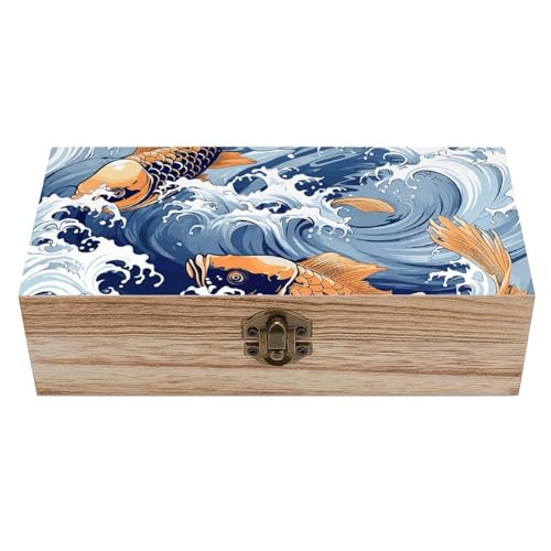 FekiLoot Caja de recuerdos de madera con patrón de ondas, caja del tesoro de memoria, pequeño cofre del tesoro de madera, baúl decorativo para recuerdos, para manualidades y almacenamiento de fotos