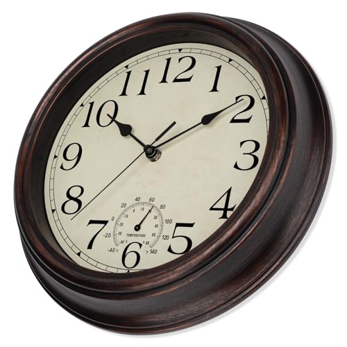 Image of Foxtop Indoor Outdoor Waterproof Wall Clock with Thermometer, 12 Inch Retro Silent Non-Ticking Battery Operated Quartz Round Outdoor Clocks for Patio Pool Bathroom Porch (Bronze)