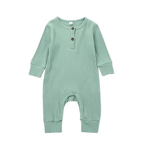 Newborn Baby Boy Romper Plain Long Sleeve Ribbed Button Deco Jumpsuit Bodysuit Baby Girl Photoshoot Outfit