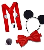 Dreamzfit - Kit de disfraz de Mickey Mouse para hombre adulto ~ Diadema de oreja negra, nariz, tirantes rojos y pajarita - Accesorios de fiesta temática de carnaval y cosplay