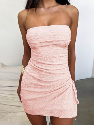Women's Strapless Ruched Drawstring Slit Mini Dress Solid Color Bodycon Tube Dress for Party & Night Out2
