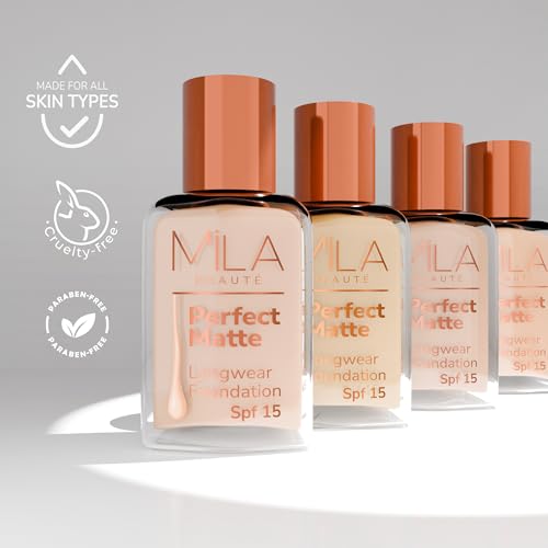 Image of Mila Beaute Perfect Matte Long Wear Foundation | High Coverage, Light Weight & Water Resistant I Oil Free Formula With SPF 15 & Vitamin E | Smooth Matte Finish | Keeps Skin Hydrated | Shade - (1 Natural, 30ml)