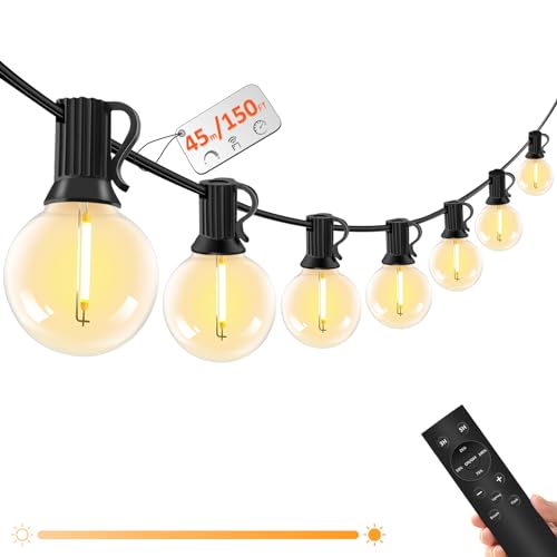 Lichterkette Außen mit Fernbedienung - 45M /150FT LED Lichterkette Dimmbar 58+2 G40 Glühbirnen, 4 Modus und Timmer Funktion, Wasserdicht für Outdoor Garten Balkon Terrasse Party Camping Hochzeit