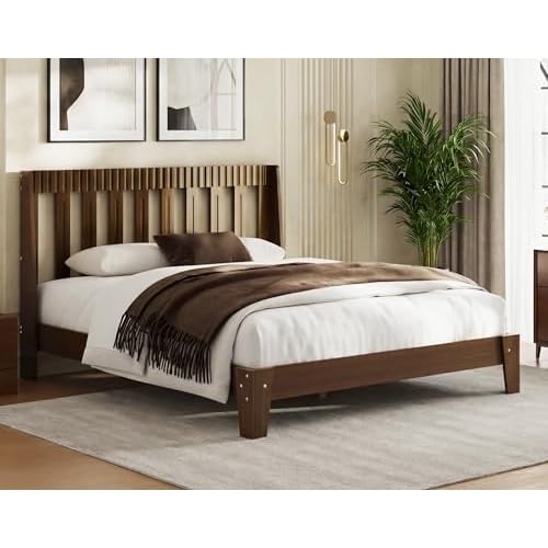 Queen Size Bed Frame, Mid-Century Modern Wood Platform Bed Frame with Fluted Headboard & Curved Wings, Noise-Free, No Box Spring Needed, Wood Slat Sup