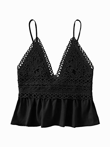 SheIn Women's Summer Printed Ruffle Hem Blouse Cami Sleeveless Peplum Top Pure Black Medium