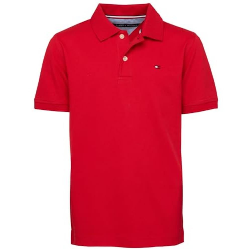 Tommy Hilfiger Boys Short Sleeve Premium Pique Polo Shirt, Button Closure, Soft & Comfortable
