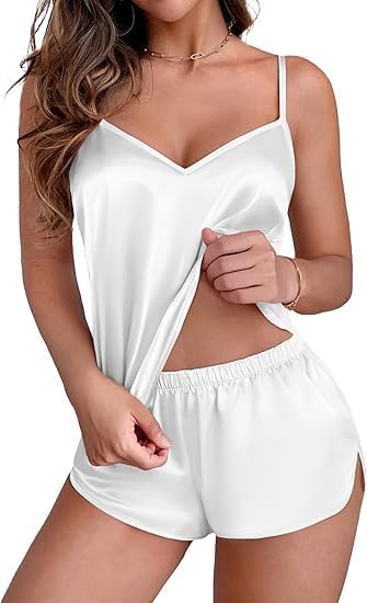 Womens Silk Satin Pajamas Set 2 Piece Lace Lingerie Cami and Shorts Nightwear Sexy Babydoll Sleepwear Loungewear - White-image-1
