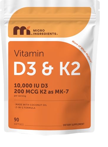 Image of Micro Ingredients Vitamin D3 10,000 IU + K2 MK-7 200 mcg Per Serving, 90 Softgels | Extra Strength* 2-in-1 D3 K2 Supplement | Easy-to-Swallow Softgels Made with Coconut Oil | Non-GMO, Gluten Free