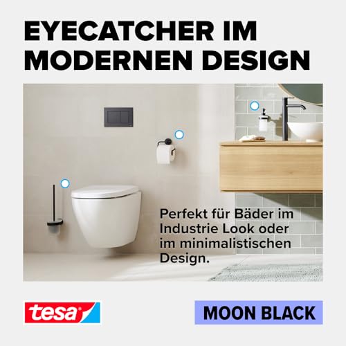 tesa MOON BLACK Handtuchhaken, matt schwarz, für Bad & WC - für Bäder im Industrial Style und moderne Badezimmer - bohrfrei, inkl. Klebelösung - 37 mm x 37 mm x 36 mm