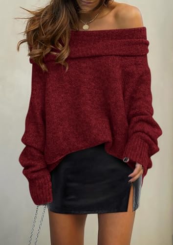 PRETTYGARDEN Women's Off The Shoulder Sweater Long Sleeve Tops 2025 Fall Loose Knit Pullover Sweaters Winter Clothes