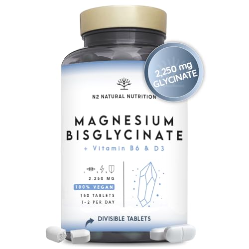 Magnesio Bisglicinato 2250 mg + Vitamina B6 e D3. 150 Compresse divisibili per 5 Mesi. 450 mg Magnesio Elemental. Sonno Ristoratore, Contro Stress e Dolori Muscolari - Vegan. N2 Natural Nutrition