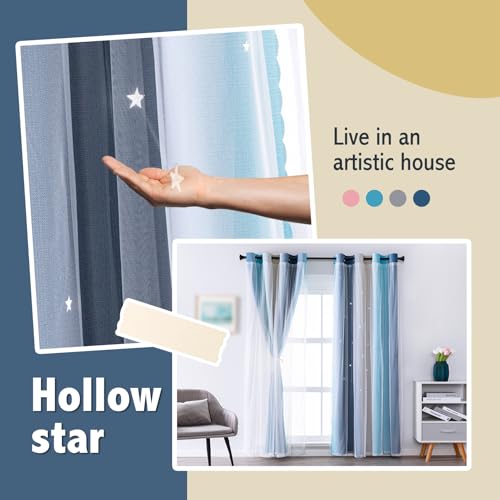 Image of indistar Star Blackout Curtains for Girls Kids Bedroom, Colourful Stripe Window Curtain Panels, 2 Layer Lace Drapes, Room Darkening Curtain for Living Room Decor, 1 Panel(Blue W52 x L63 inch)