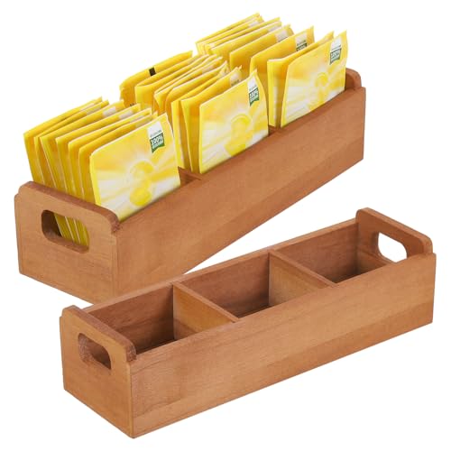 QUARKZMAN Organizzatore per Bustine di Tè, Scatola per Tè in Legno di Pino con 3 Scomparti e Maniglia, Porta Bustine di Tè per Bevande, Zucchero, Colore Marrone
