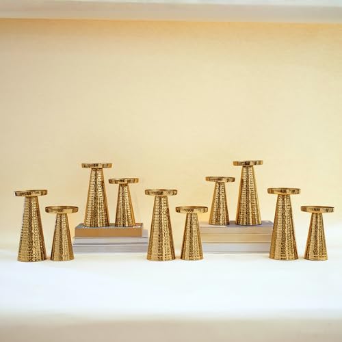 Image of Behoma Handcrafted Hammered Gold Metal Pillar Candle Holders Pack of 5 Sets | Decorative Candle Stand Set for Modern Centerpiece for Home Decor, Dining Table, Wedding, Diwali & Housewarming Gifts | Golden leaf-shape metal tray, small size; perfect for mandap, haldi, mehendi & Navratri decor.
