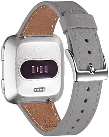 WFEAGL for Fitbit Versa Band, Top Grain Leather Band Replacement Strap for Fitbit Versa/Versa 2 /Versa Lite/Versa SE Fitness Smart Watch (Gray Band+Silver Buckle)