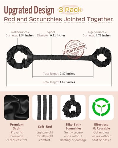 Image of BONNET QUEEN Multi-function Satin Heatless Hair Curler&Hair Tie Non-Heating Hair Roller Curling Rod with Scrunchie, Small Short 20cm, 3Pcs, Black