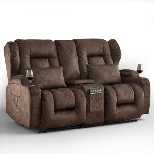 Image of Loveseat Recliner Sofa with Console,RV Wall Hugger Recliners for Small Spaces,Reclining Loveseat Sofa Recliner with Cup Holders /Lumbar Pillows,RV Furniture (Velvet Brown, 66 inch 2-Seater)