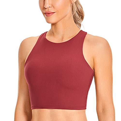 CRZ YOGA Women's High Neck Longline Sports Bra - Padded Racerback Yoga Bra Crop Tank Top with Built in Shelf Bra Purplish Red Large