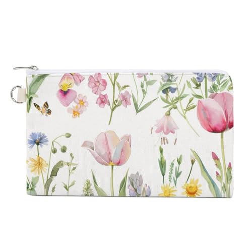 Flowers Tulip Butterflies Fashion Coin Purse Change Makeup Bag Canvas Pencil Pouch Travel - Main Image