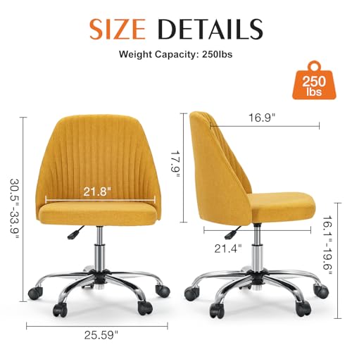 Image of Sweetcrispy Armless Vanity Chair, Cute Comfy Home Office Desk Chair with Wheels, Modern Upholstered Task Computer Seat for Bedroom, Study, Makeup Vanity, Height Adjustable & Swivel, Yellow