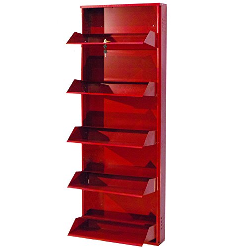Image of DELITE KOM 24 Inch Wide, 5 Shelf Metal Shoe Rack Wall Mounted for Home with Central Lock Holds Upto 15 Shoes or 25 Slippers Pair | 1 Year Warranty | (67 x 24 x 5 Inch, Brick Red) DIY Space Saving